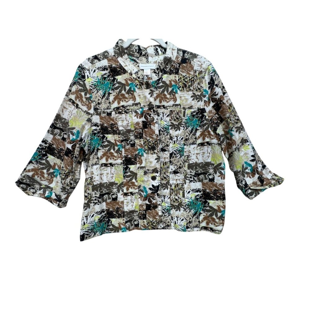Christopher & Banks Womens Button-Up Shirt Blouse Size L Brown Floral 3/4 Sleeve